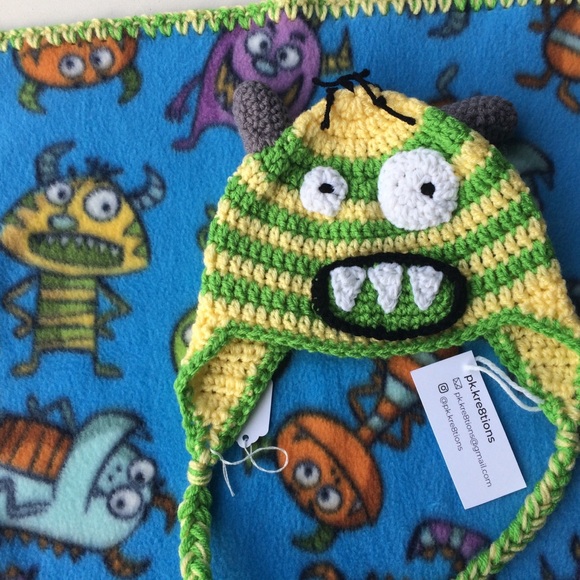 Handmade Crochet Monster hat & fleece lovey - Picture 2 of 7